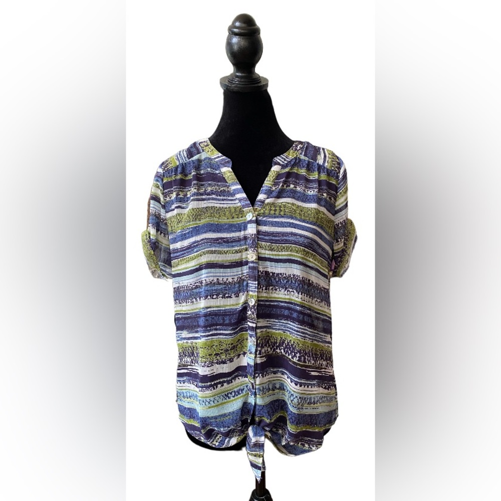 Westport 1962: Blue, Green and White Blouse with Tie on Front